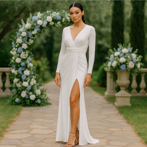 MAC DUGGAL Dress Size 4 Evening Gown White V-Neck Long Sleeve High Slit